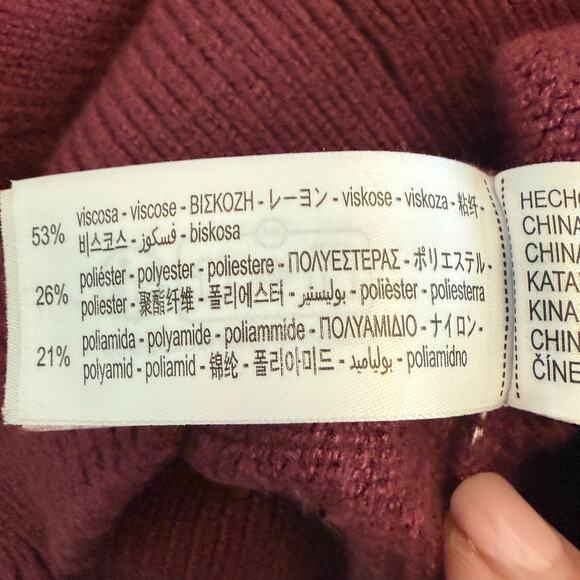 ZARA Cropped Knit Sweater Burgundy Ribbed Hem Crew Neck Long Sleeve Womens M Top - Picture 6 of 7